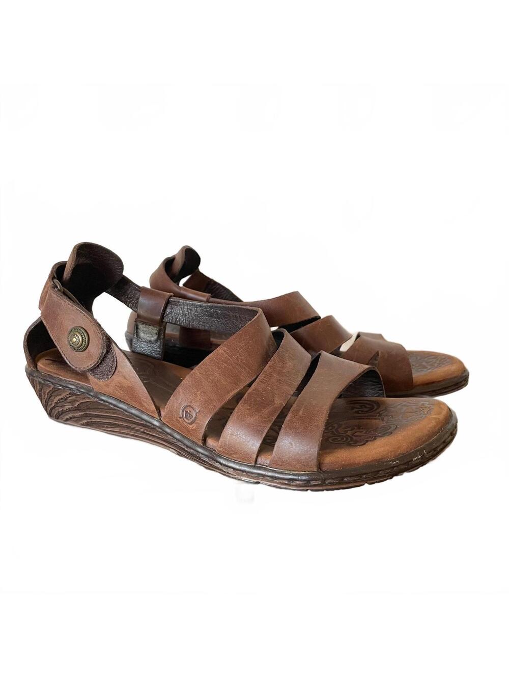 Born Brown Leather Strappy Sandals with Low Wedge Heel